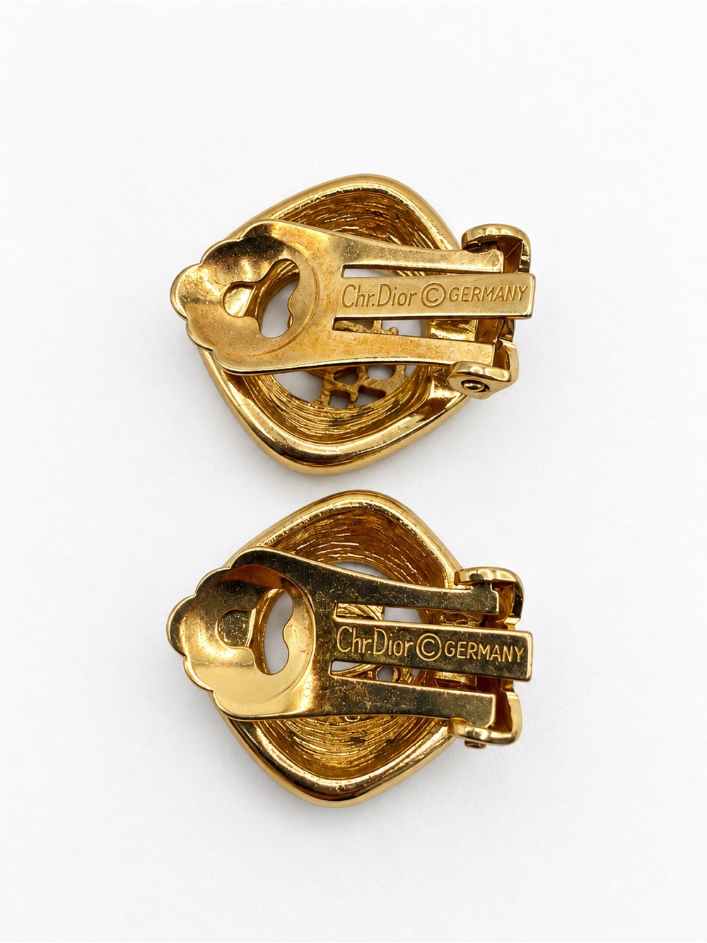 Christian Dior Earrings Vtg CD Logo Gold Plated Clip 1980s Rhinestone Germany - Picture 6 of 9